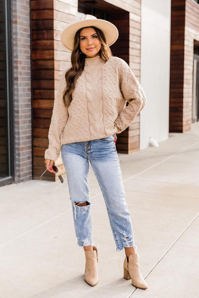 Visions Of Us Taupe Mock Neck Cable Knit Sweater