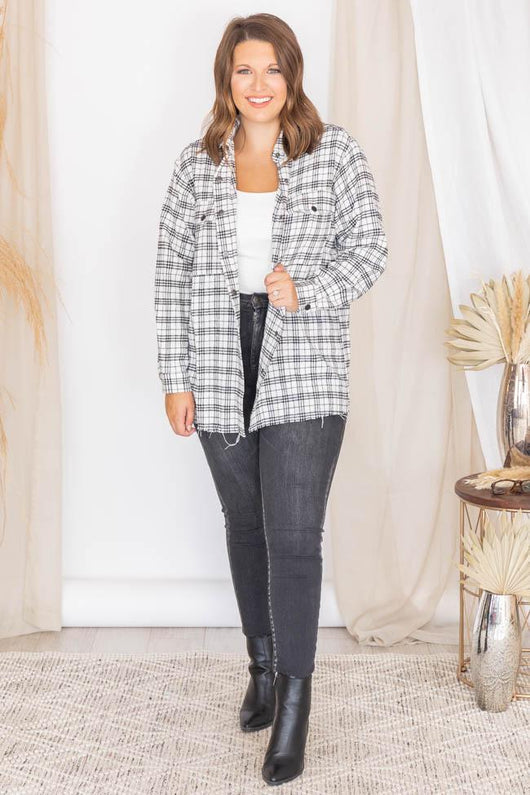Whatever It takes Ivory Frayed Hem Plaid Blouse