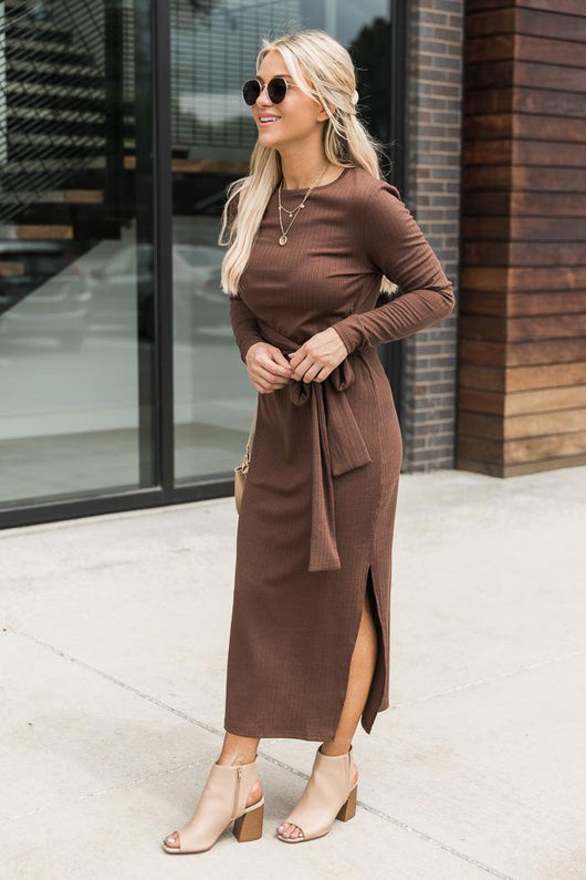 How've You Been Brown Ribbed Midi Dress FINAL SALE