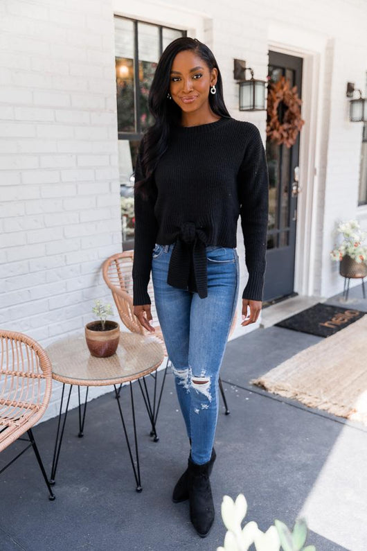 Divine Intervention Black Tie Front Sweater