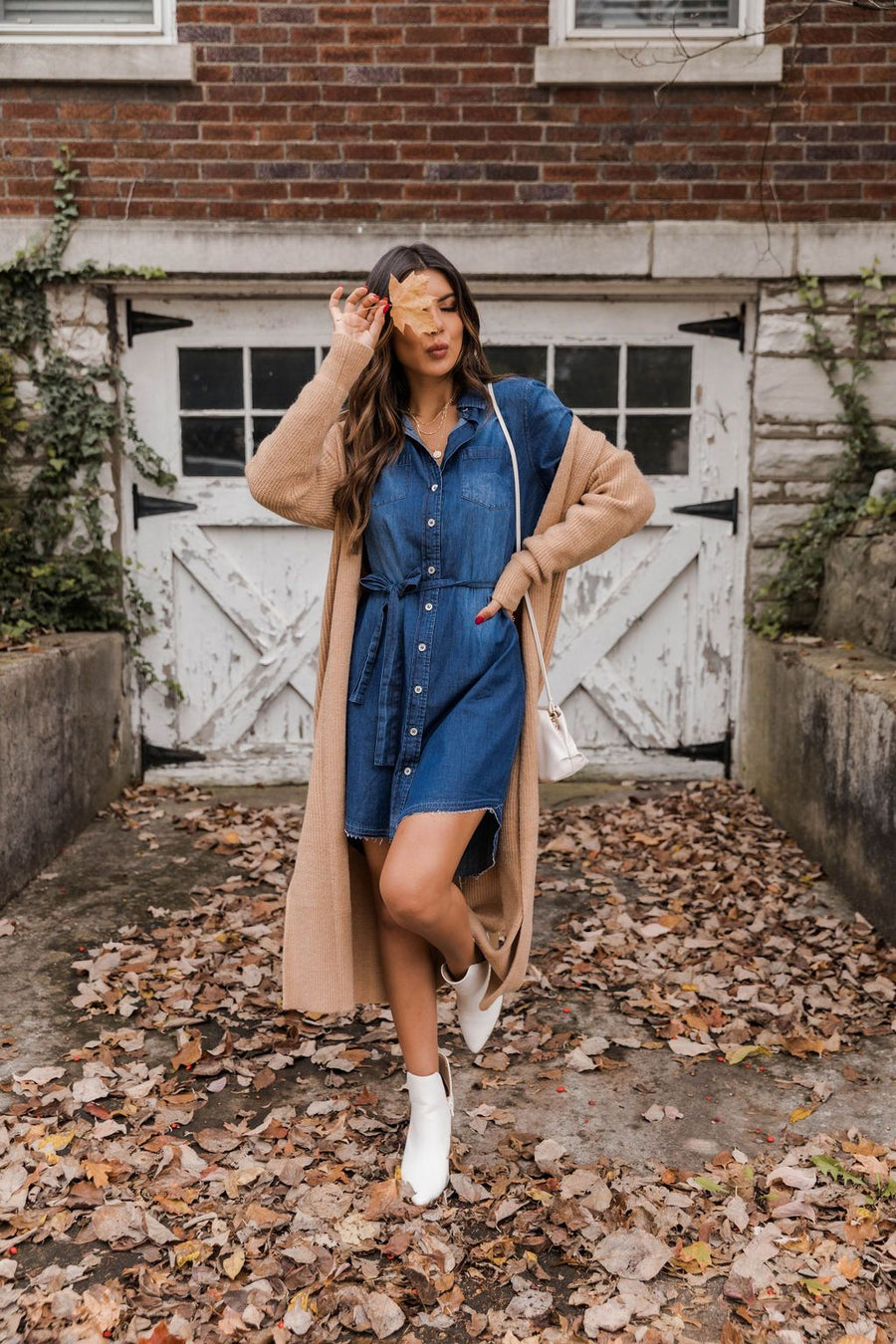 Listening Closely Dark Wash Tie Waist Chambray Dress