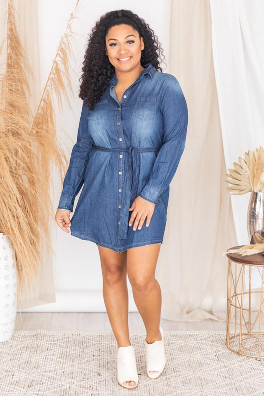 Listening Closely Dark Wash Tie Waist Chambray Dress
