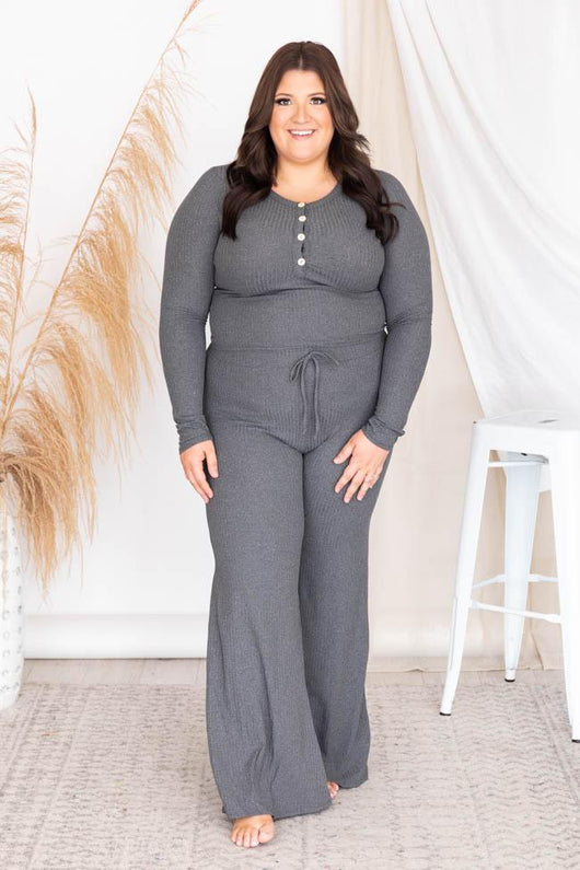 Casually Cool Charcoal Cropped Ribbed Henley Blouse