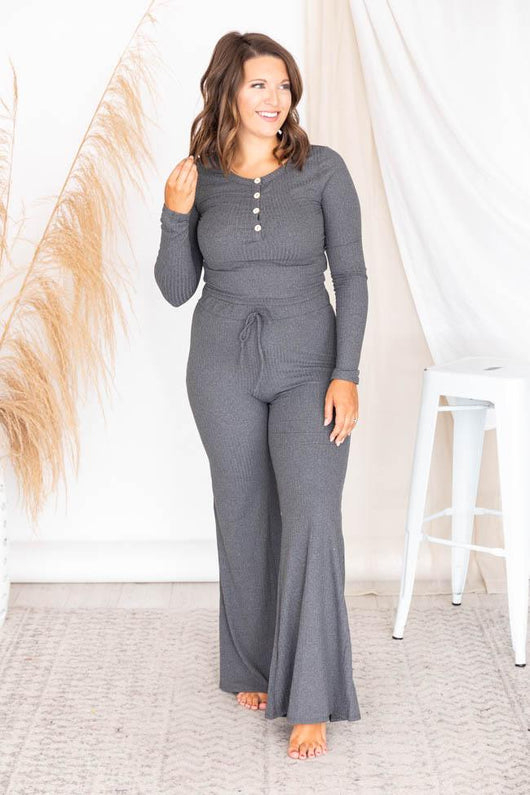 Casually Cool Charcoal Cropped Ribbed Henley Blouse
