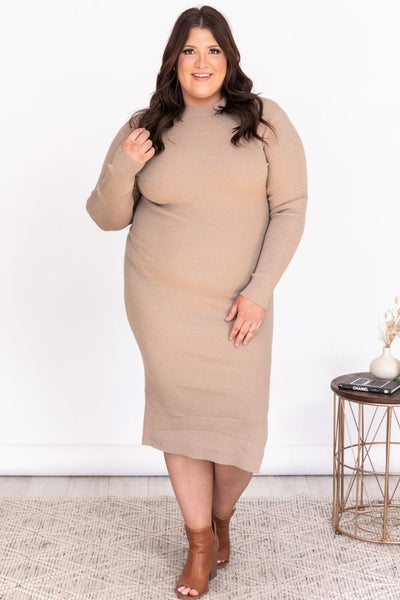 Any Other Night Taupe Mock Neck Ribbed Midi Dress