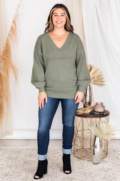 Keep On Smiling V-Neck Sage Sweater