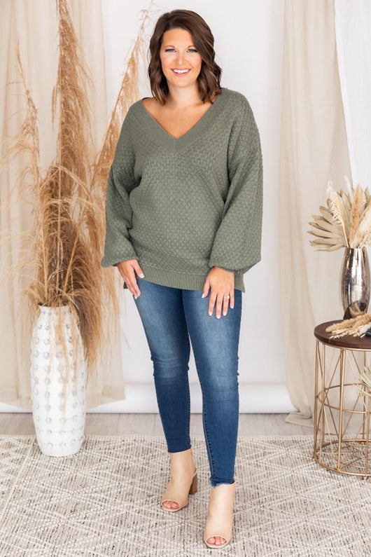 Keep On Smiling V-Neck Sage Sweater