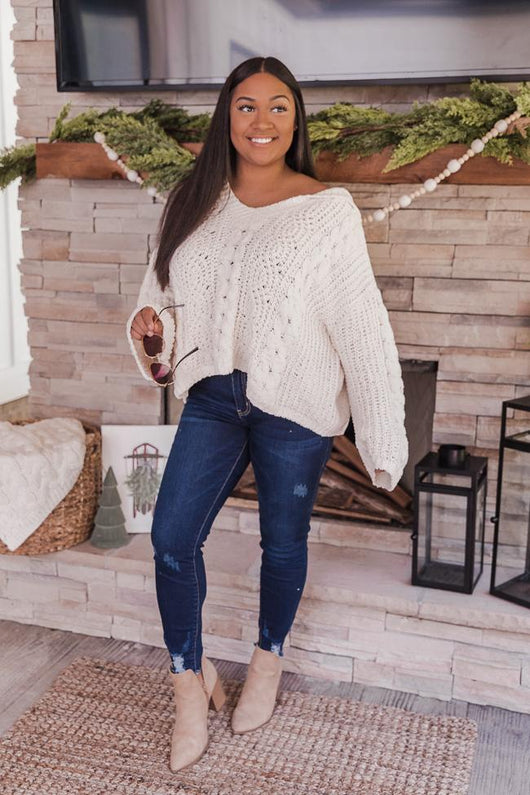 Spend The Night Cream Chenille Cable Knit Sweater