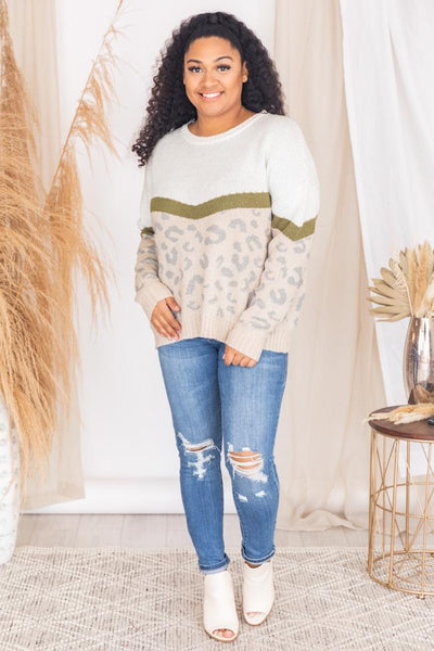 Wait For You Olive Colorblock Animal Print Sweater FINAL SALE