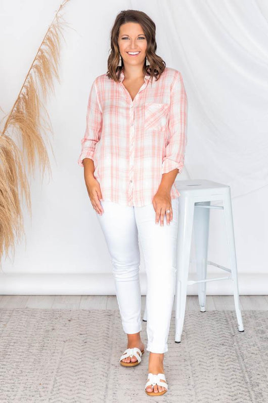 A Step Away Coral Plaid Blouse FINAL SALE
