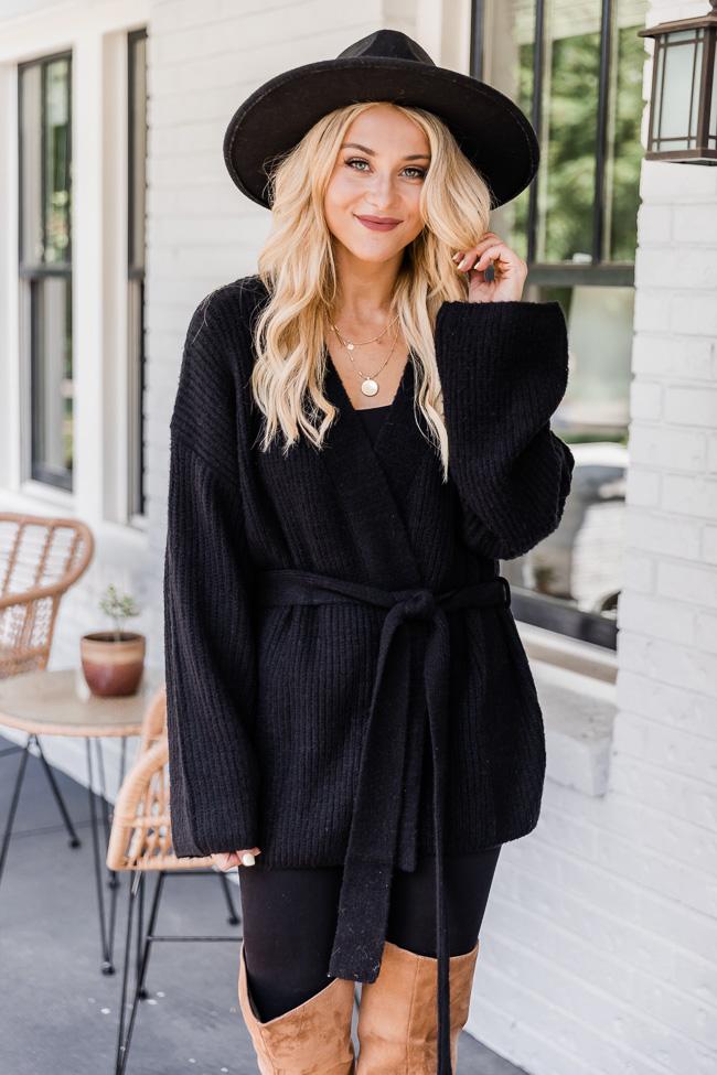 Distracted By You Black Wrap Tie Cardigan