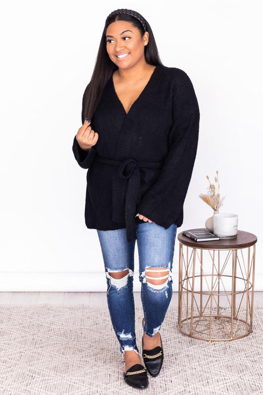 Distracted By You Black Wrap Tie Cardigan