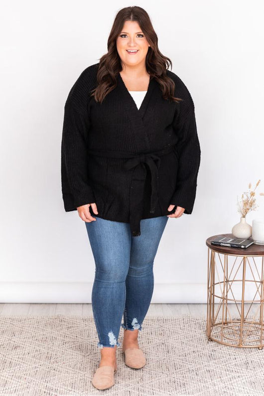 Distracted By You Black Wrap Tie Cardigan