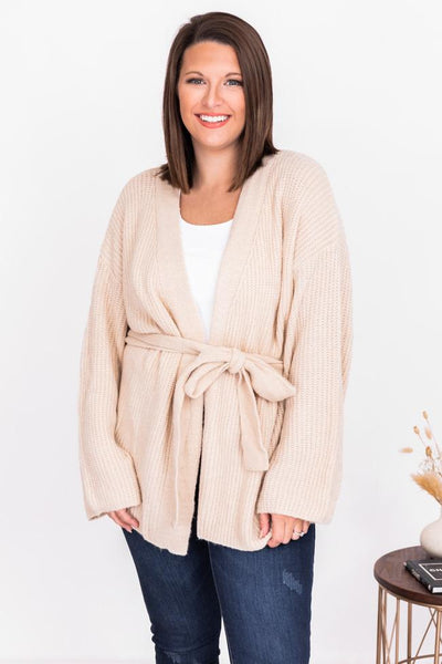 Distracted By You Oatmeal Wrap Tie Cardigan