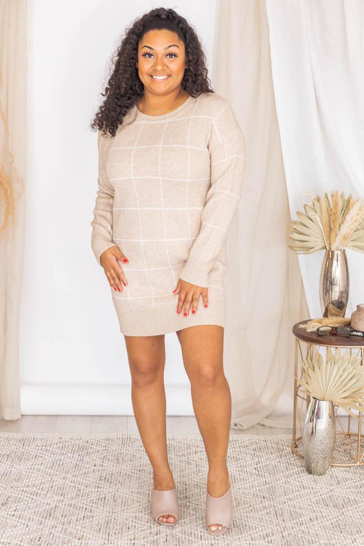 Lucky One Beige Geometric Sweater Dress