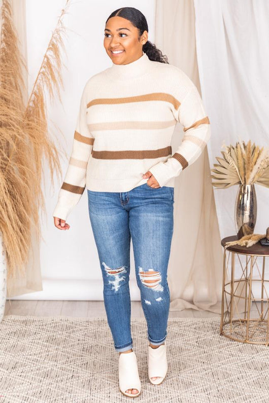 Always On Trend Brown Striped Turtleneck Sweater