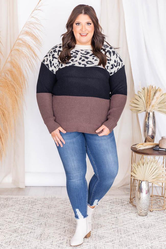 Won't Leave You Brown Animal Print Colorblock Sweater