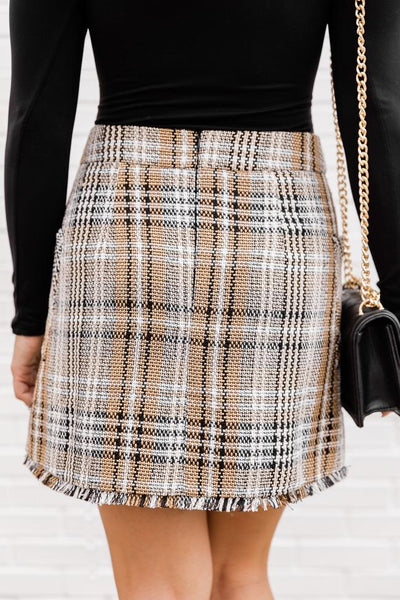 Blame Your Past Tan Fringe Plaid Skirt