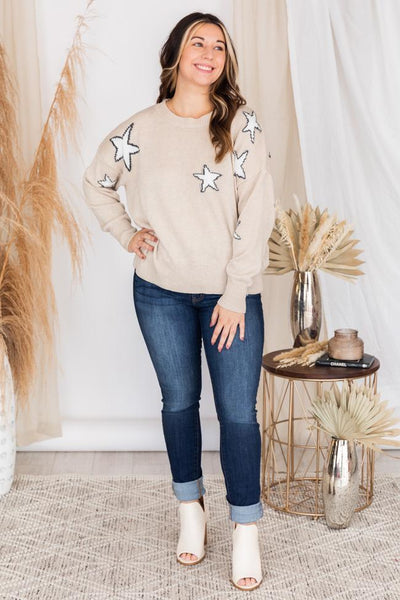 Look Into The Future Beige Star Printed Sweater