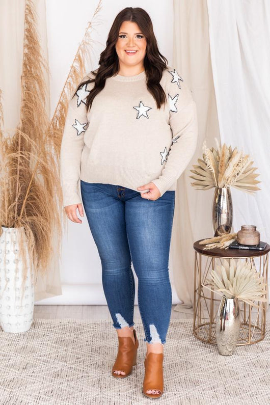 Look Into The Future Beige Star Printed Sweater