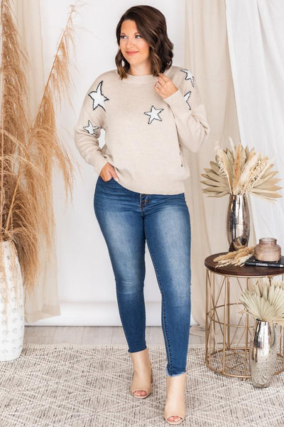Look Into The Future Beige Star Printed Sweater