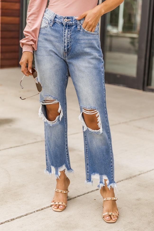 Trinity Medium Wash Distressed Mom Jeans