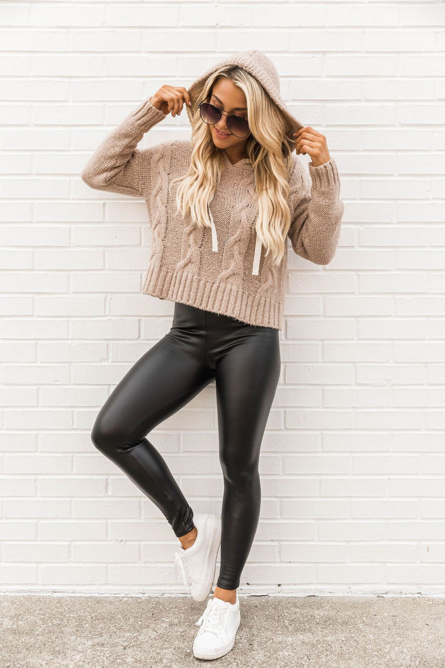 Cozy Campfire Beige Cable Knit Hoodie Sweater