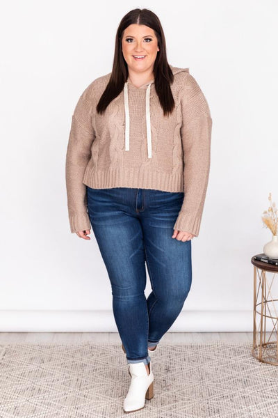 Cozy Campfire Beige Cable Knit Hoodie Sweater