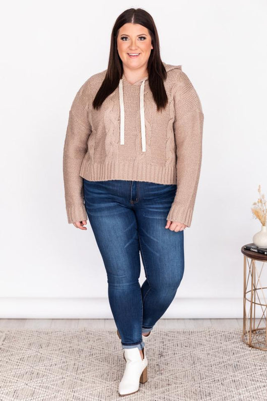 Cozy Campfire Beige Cable Knit Hoodie Sweater