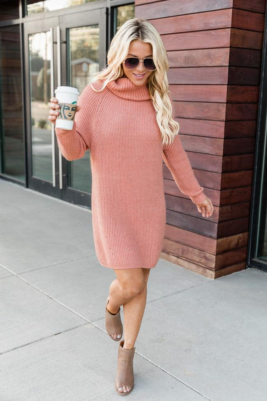 Stay Or Leave Orange Turtleneck Sweater Dress