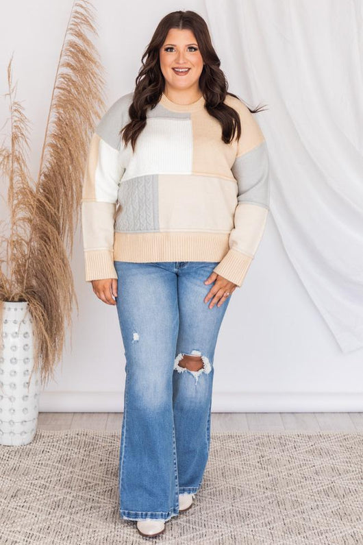 Following Fate Beige Textured Colorblock Sweater FINAL SALE