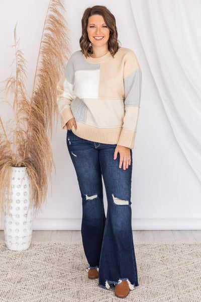 Following Fate Beige Textured Colorblock Sweater FINAL SALE