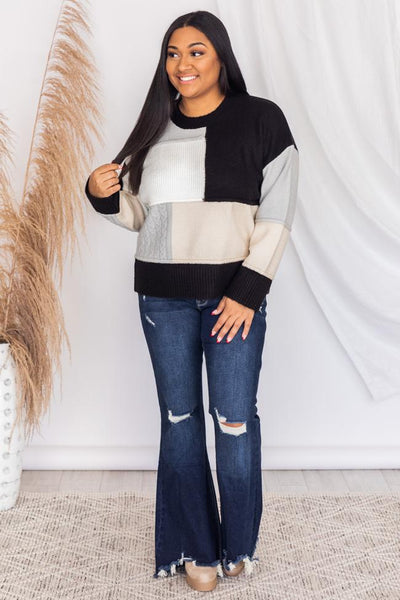 Following Fate Black Textured Colorblock Sweater