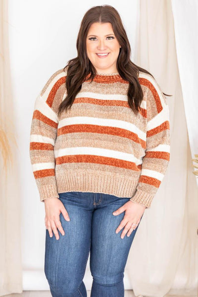 Grand Enthusiasm Brown Chenille Striped Sweater