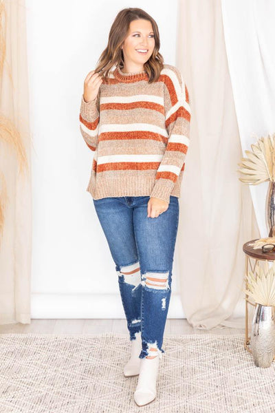 Grand Enthusiasm Brown Chenille Striped Sweater