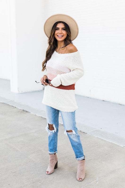 Friday Feelings Coral Cream Stripe Sweater