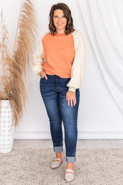 Ideal Wish Orange Textured Colorblock Sweater