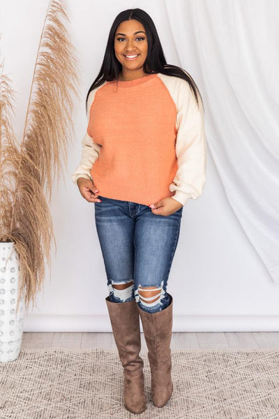 Ideal Wish Orange Textured Colorblock Sweater