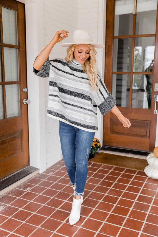 Figure The Best Grey Striped Poncho Sweater