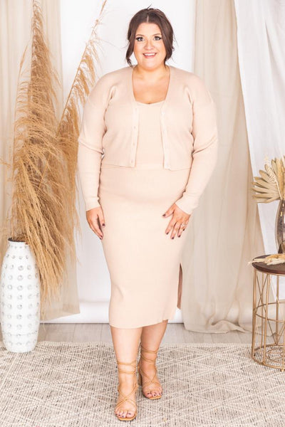 Day to Night Beige Ribbed Midi Skirt