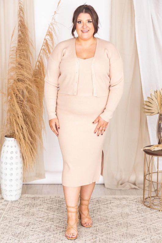 Day to Night Beige Ribbed Midi Skirt