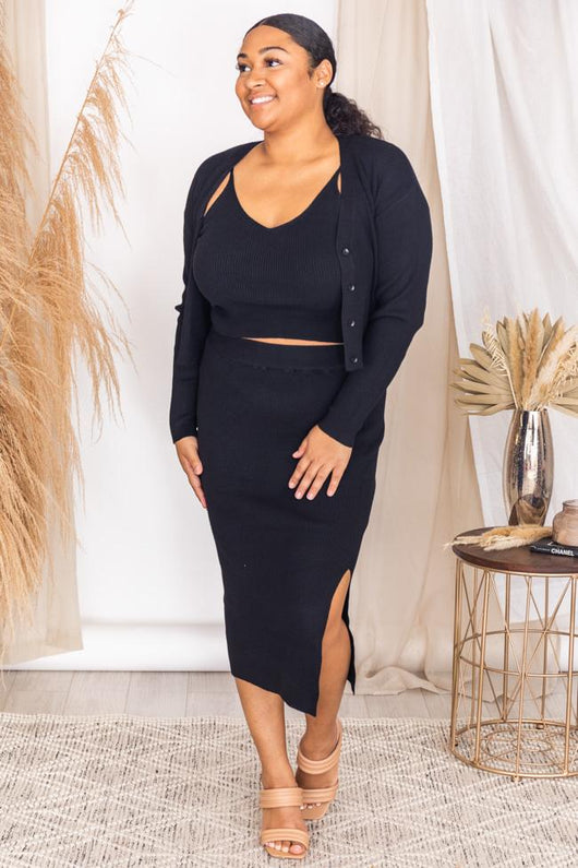Day to Night Black Ribbed Midi Skirt