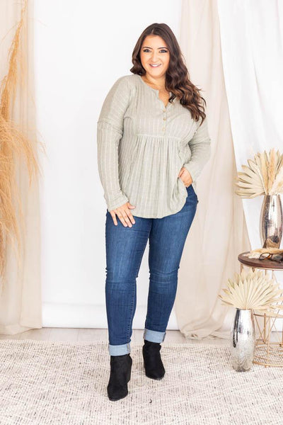 Here To Stay Pointelle Knit Sage Blouse