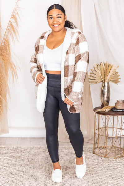 Ultimate Question Brown Plaid Hooded Sherpa Jacket