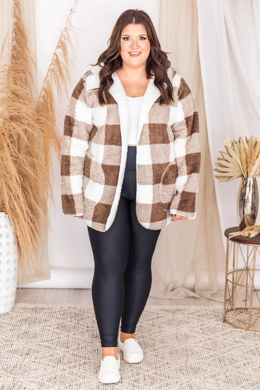 Ultimate Question Brown Plaid Hooded Sherpa Jacket