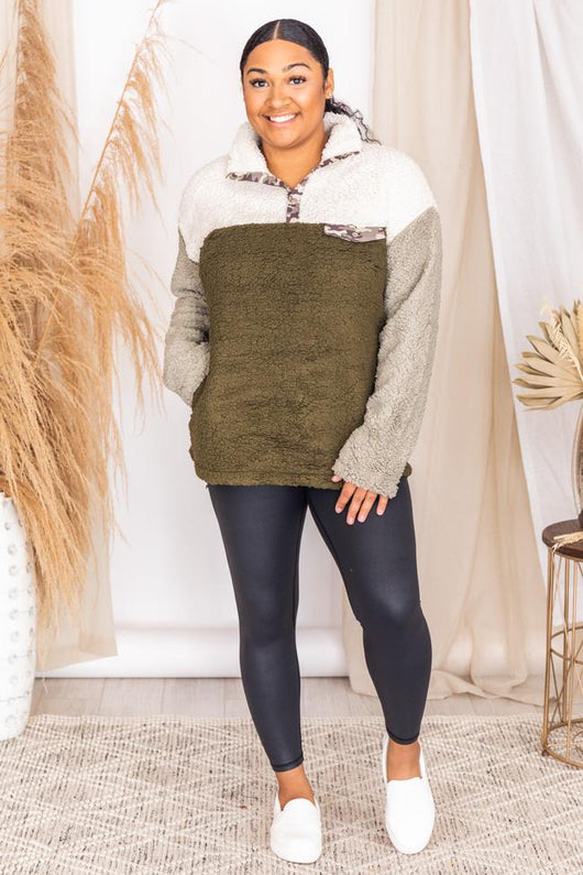 Fireside With You Olive Camo Sherpa Pullover