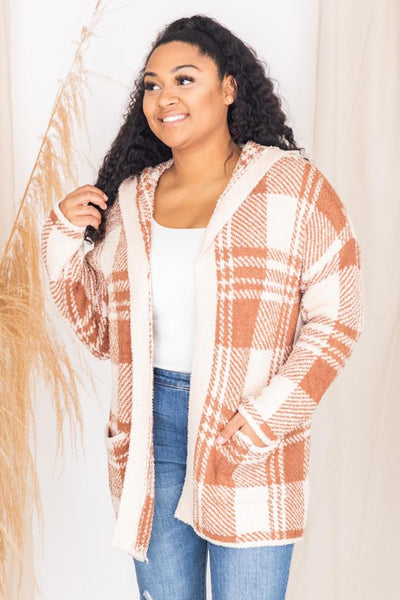 Casual Countdown Brown Plaid Fuzzy Hooded Cardigan