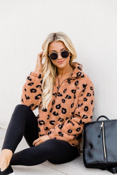 Bonfire Nights Brown Animal Print Sherpa Pullover FINAL SALE