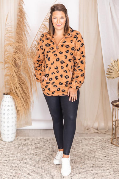 Bonfire Nights Brown Animal Print Sherpa Pullover FINAL SALE