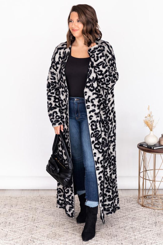 Till It's Over Grey Fuzzy Animal Print Duster Cardigan